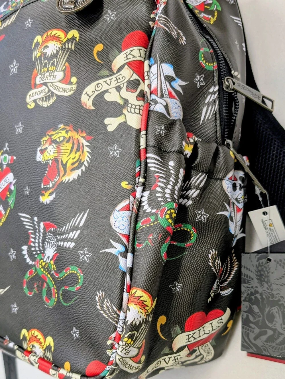 Ed Hardy Black Tattoo Print Backpack Skulls Tigers Graphic Bag NWT Unisex
